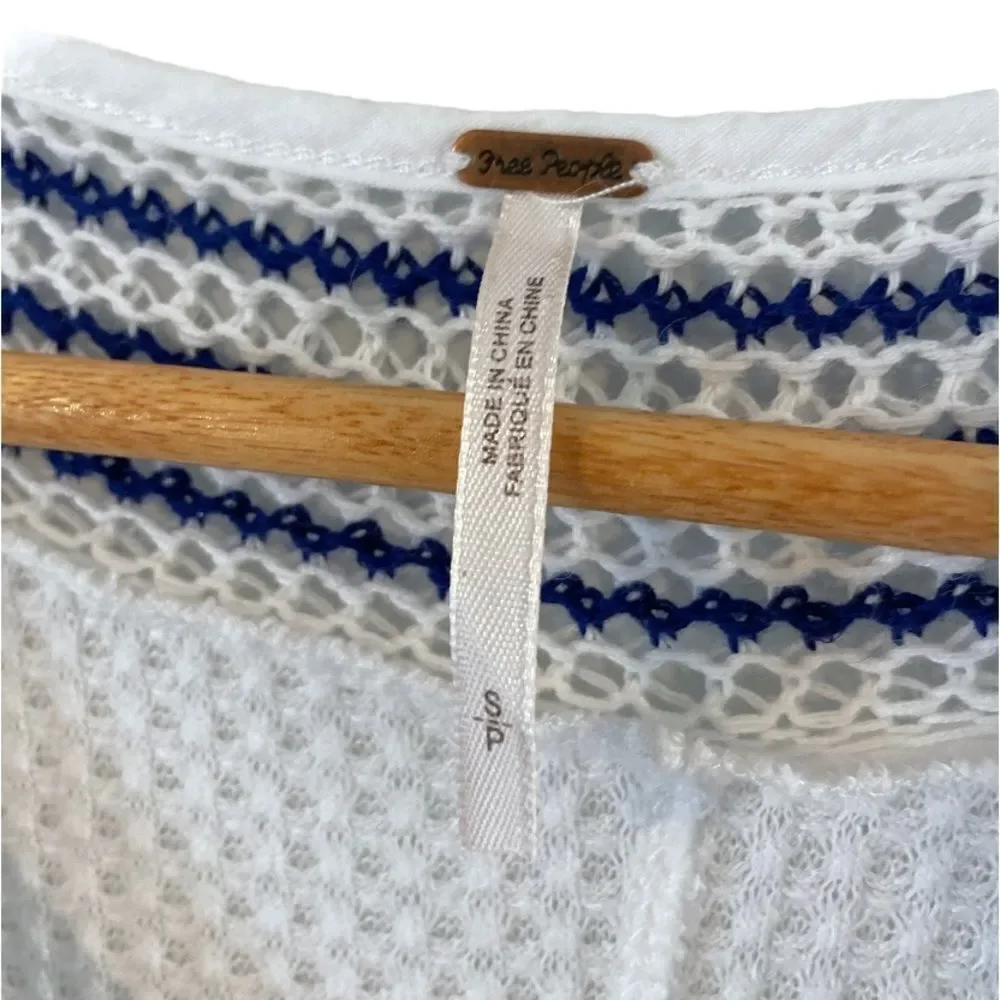 Free People Soul Mate Knit Hi-Lo Thermal Long Sleeve Top, Blue/White, Size Small